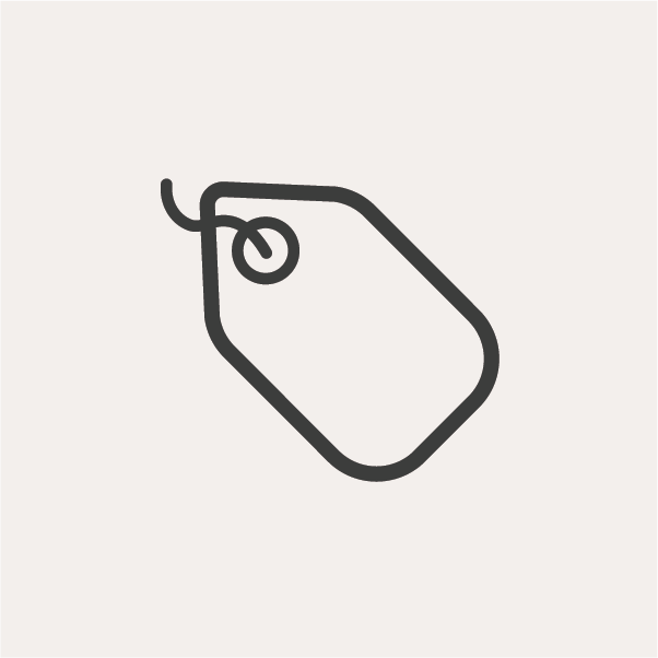 Minimalistic black outline of a price tag on a light gray background. The tag has a hole on top with a string looped through it.