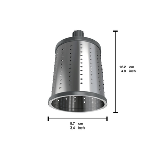 A Zyliss Fine Grating Drum, made from high-quality stainless steel and featuring a fine grating surface, is shown with dimensions of 12.2 cm (4.8 inches) in height and 8.7 cm (3.4 inches) in diameter, displayed against a white background.