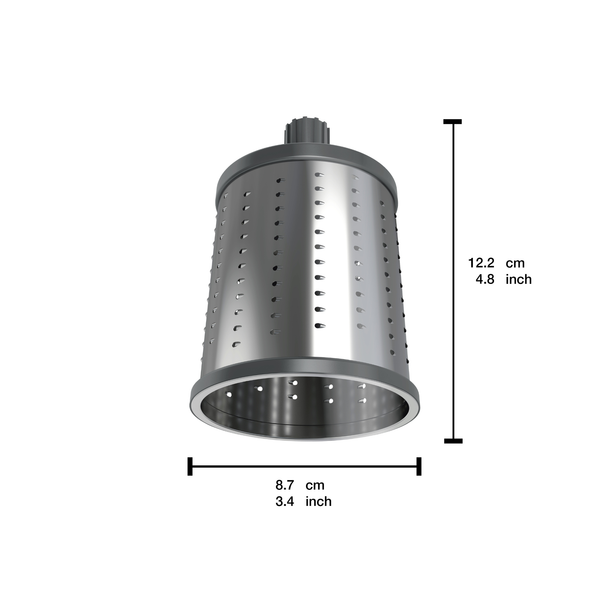 A Zyliss Fine Grating Drum, made from high-quality stainless steel and featuring a fine grating surface, is shown with dimensions of 12.2 cm (4.8 inches) in height and 8.7 cm (3.4 inches) in diameter, displayed against a white background.