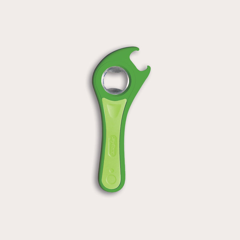 The Zyliss 5-Way Opener Green features a rounded, ergonomic design with a metal opener, making it a versatile and essential kitchen tool. It sits on a plain white background, showcasing its stylish green color. 