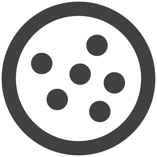 A bold black circle with six smaller, solid black dots inside, arranged in a loose, irregular cluster. The dots are evenly spaced from each other within the larger circle. The background is white.