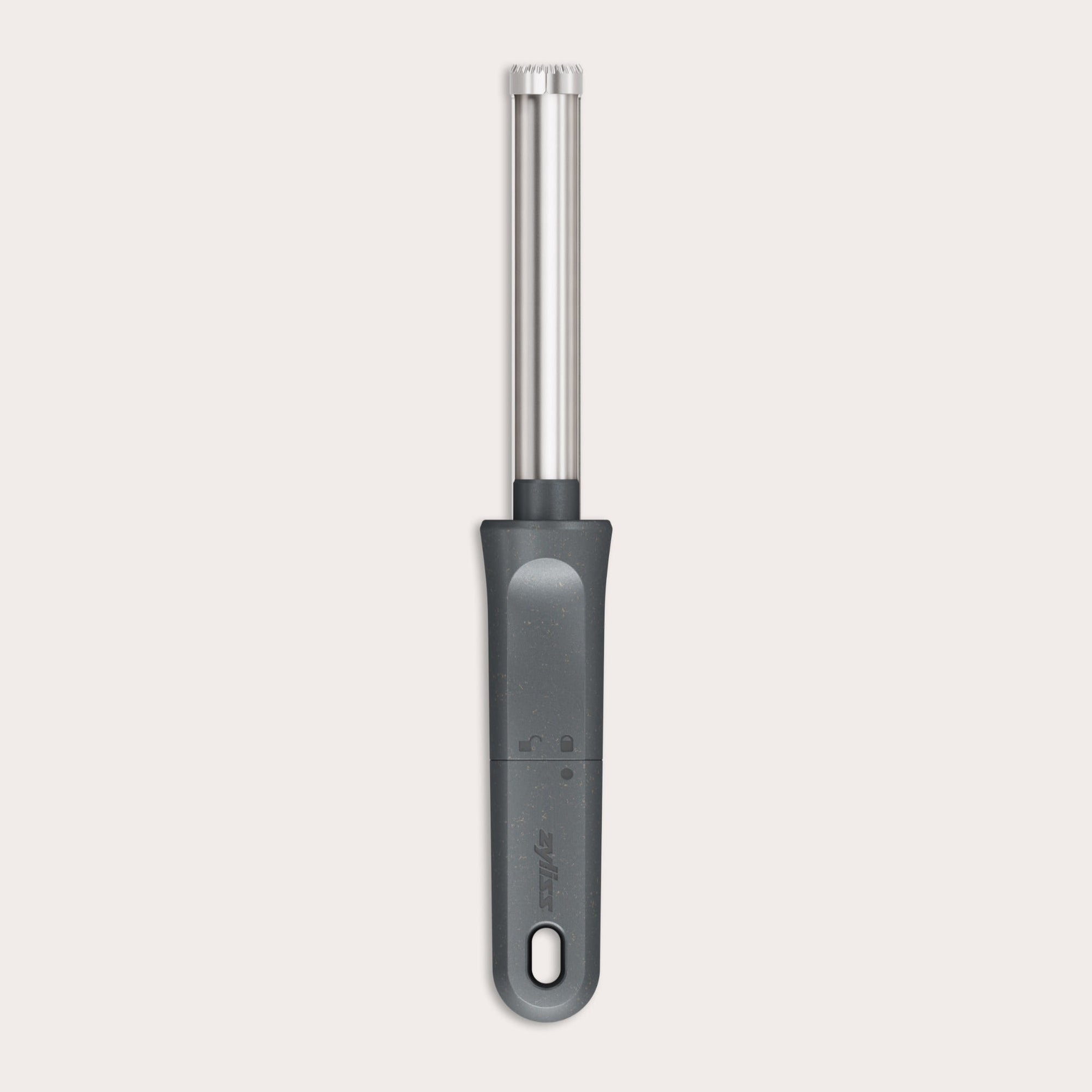 The Zyliss Apple Corer is a sleek stainless steel tool with an eco-friendly handle, a serrated circular blade for easy coring, and a hanging hole for convenient storage.