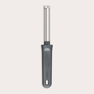 The Zyliss Apple Corer is a sleek stainless steel tool with an eco-friendly handle, a serrated circular blade for easy coring, and a hanging hole for convenient storage. 