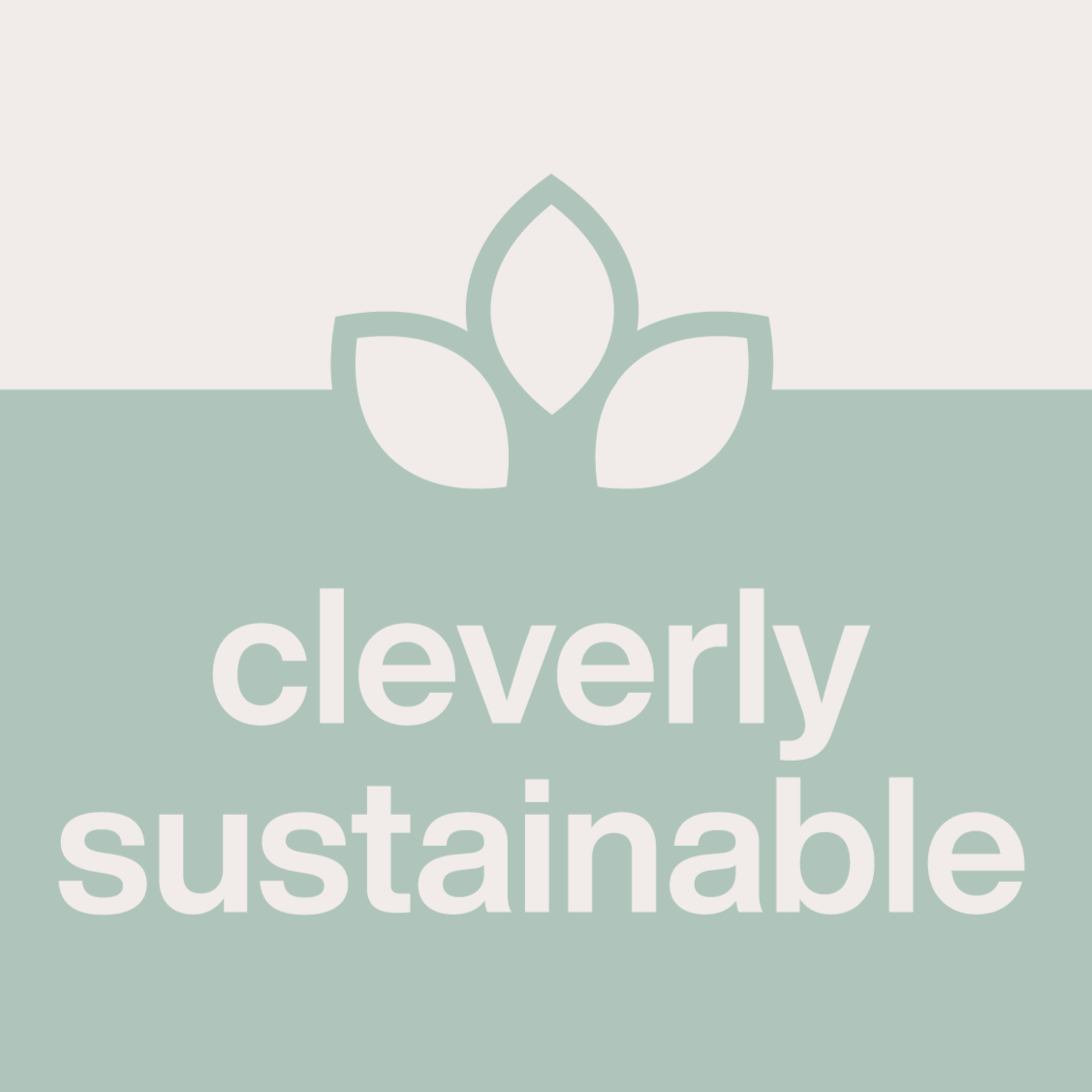 A minimalist graphic with a stylized leaf design above the words cleverly sustainable in bold white letters on a pale green background.