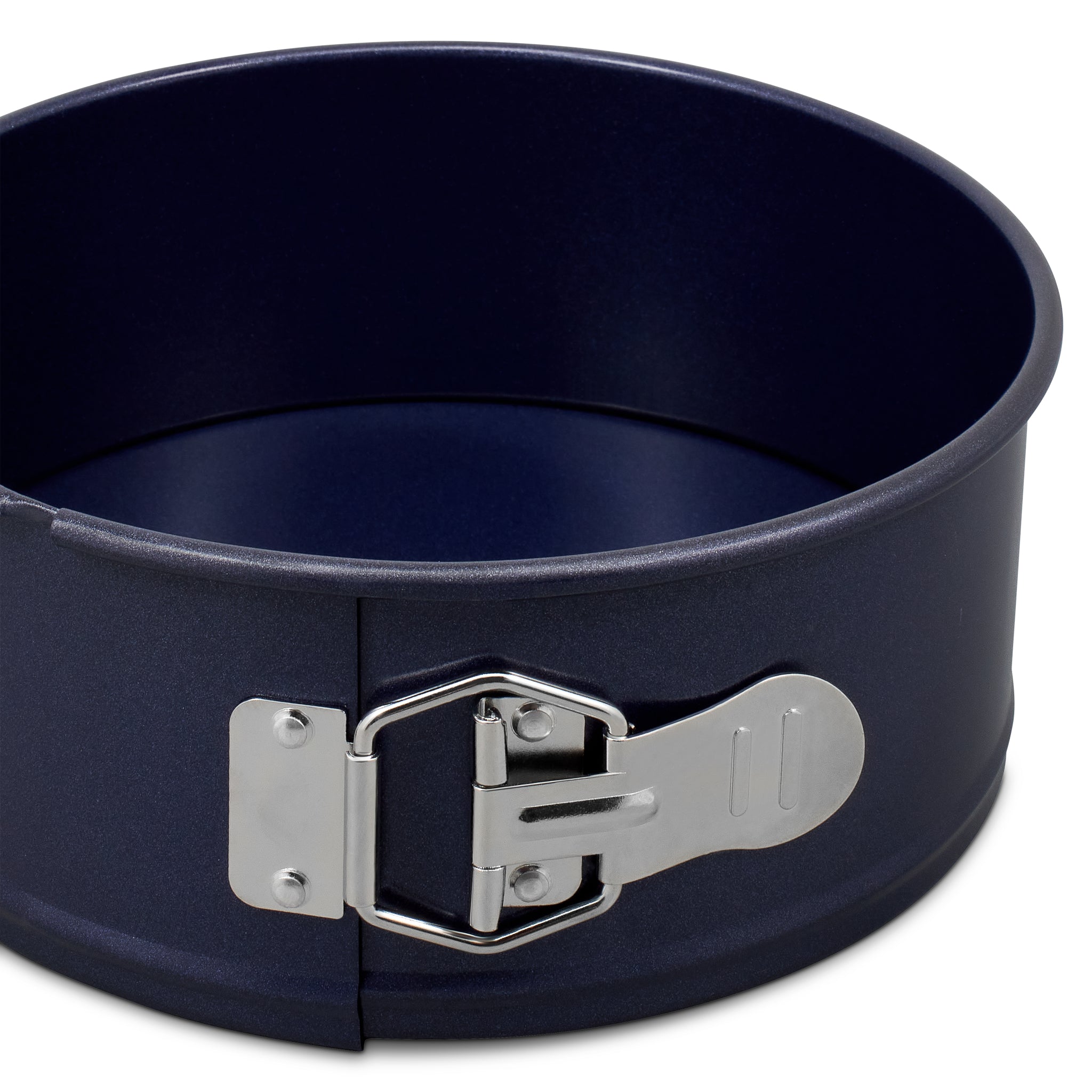 A close-up of a round, dark-colored springform cake pan with a metal latch on the side, used for easy removal of baked goods.