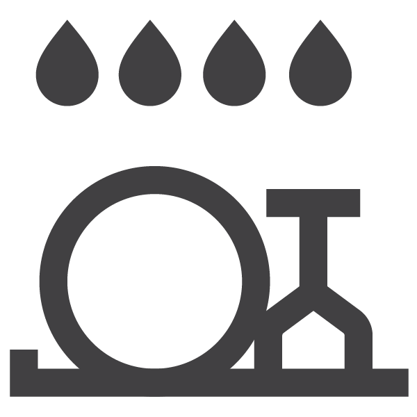A black icon showing four water droplets above a plate and wine glass, symbolizing a dishwasher safe item.