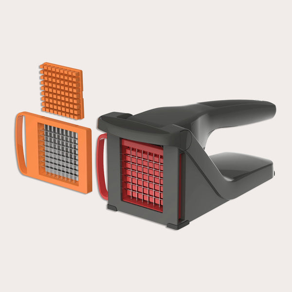 The Zyliss Potato & Vegetable Chipper is a black handheld cutter with two interchangeable stainless steel blades (orange and red) for uniform slicing. Dishwasher safe for easy cleaning.