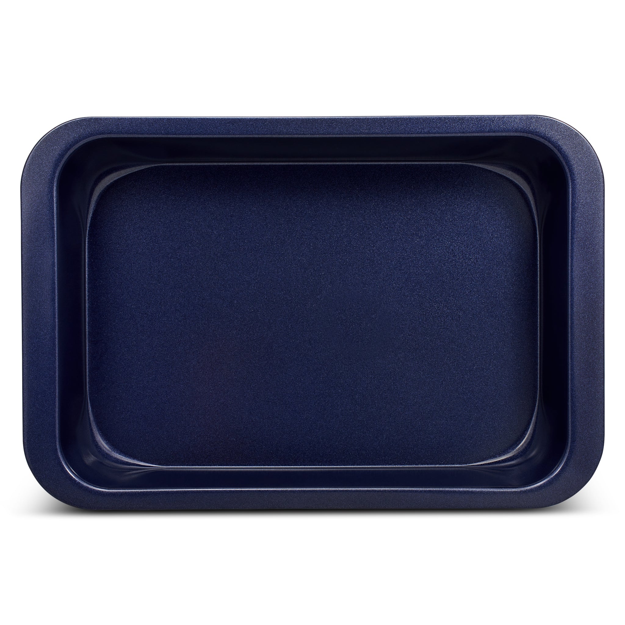 A rectangular, deep blue baking pan with rounded corners and smooth sides, photographed from above against a white background.
