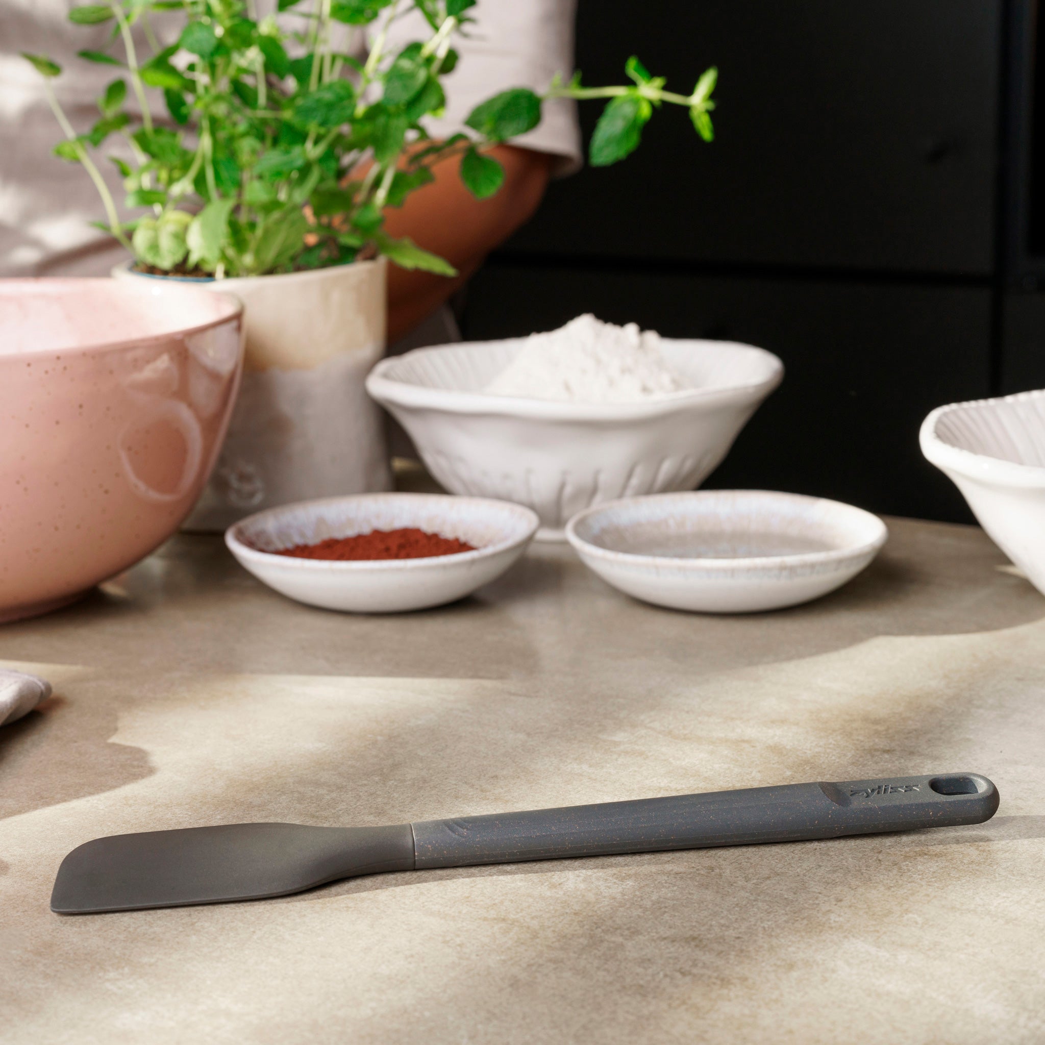 A black, heat-resistant Zyliss Spatula with a silicone head rests on a kitchen counter near bowls of flour and cocoa powder. A pink mixing bowl and a potted herb plant are visible in the background. #Small