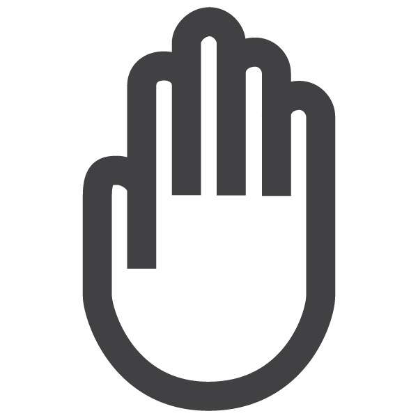 A simple black outline of an upright hand with fingers together, resembling a stop or halt gesture, on a white background.