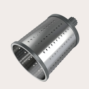 The Zyliss Fine Grating Drum, a metallic cylindrical drum with evenly spaced holes reminiscent of a washing machine drum or the fine grating drum from a gourmet grater, is shown on a neutral background.