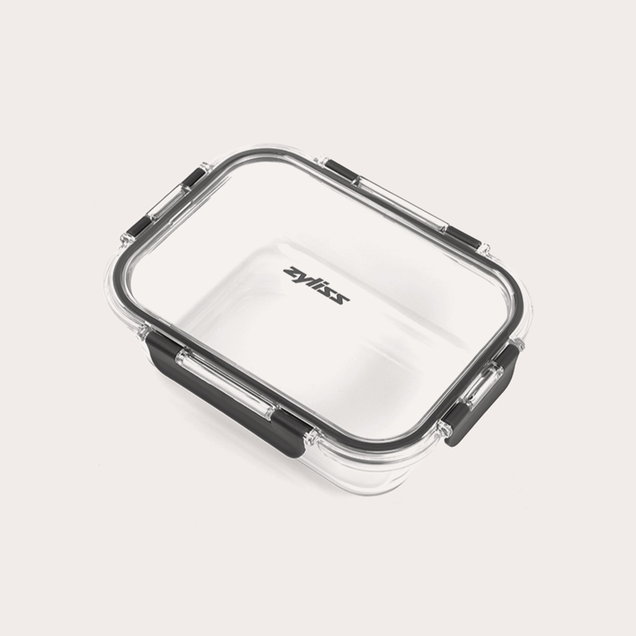 #1.05L/1.1qt 
A rectangular clear Zyliss Glass Container for meal prep features a transparent lid with four black locking clips, Zyliss printed in black on the lid, all shown against a plain light background. 