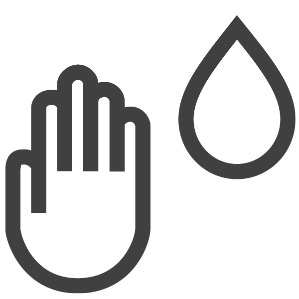 A simple black outline of a hand next to a water droplet, both on a white background, likely symbolizing handwashing or cleanliness.