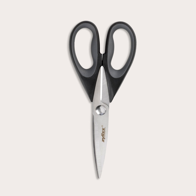 The Zyliss Household Shears, featuring stainless steel blades and black handles, are displayed against a plain, light background.