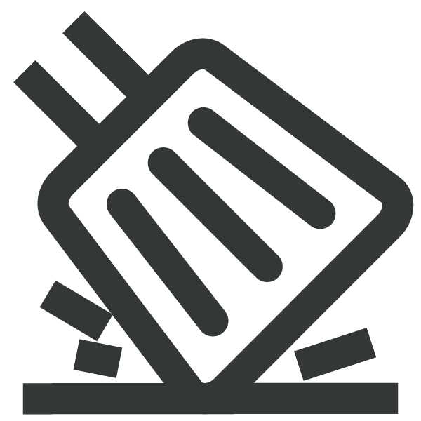 A bold, black icon of a tilted toaster with two slots and pieces of toast flying out, signifying something falling or being dropped.