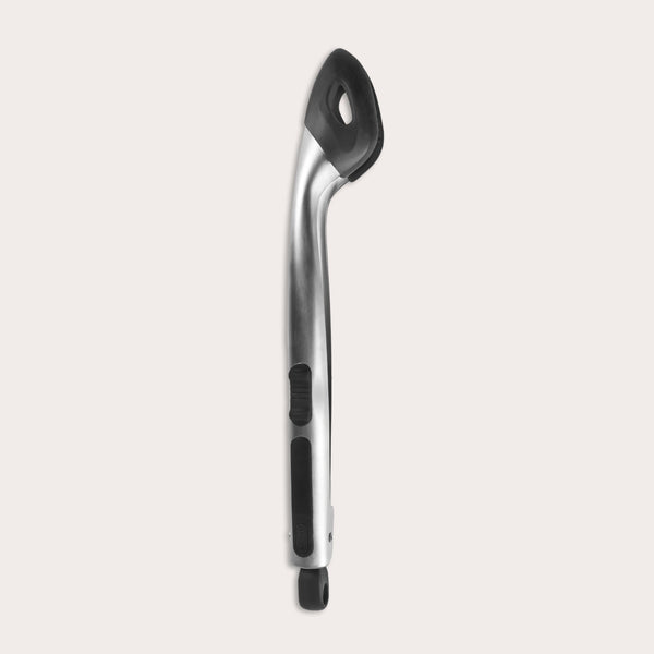 The Zyliss Silicone-Tipped Tongs feature a stainless steel body with black silicone tips and a curved handle, displayed against a plain, light background. Perfect for safe use with non-stick cookware. 