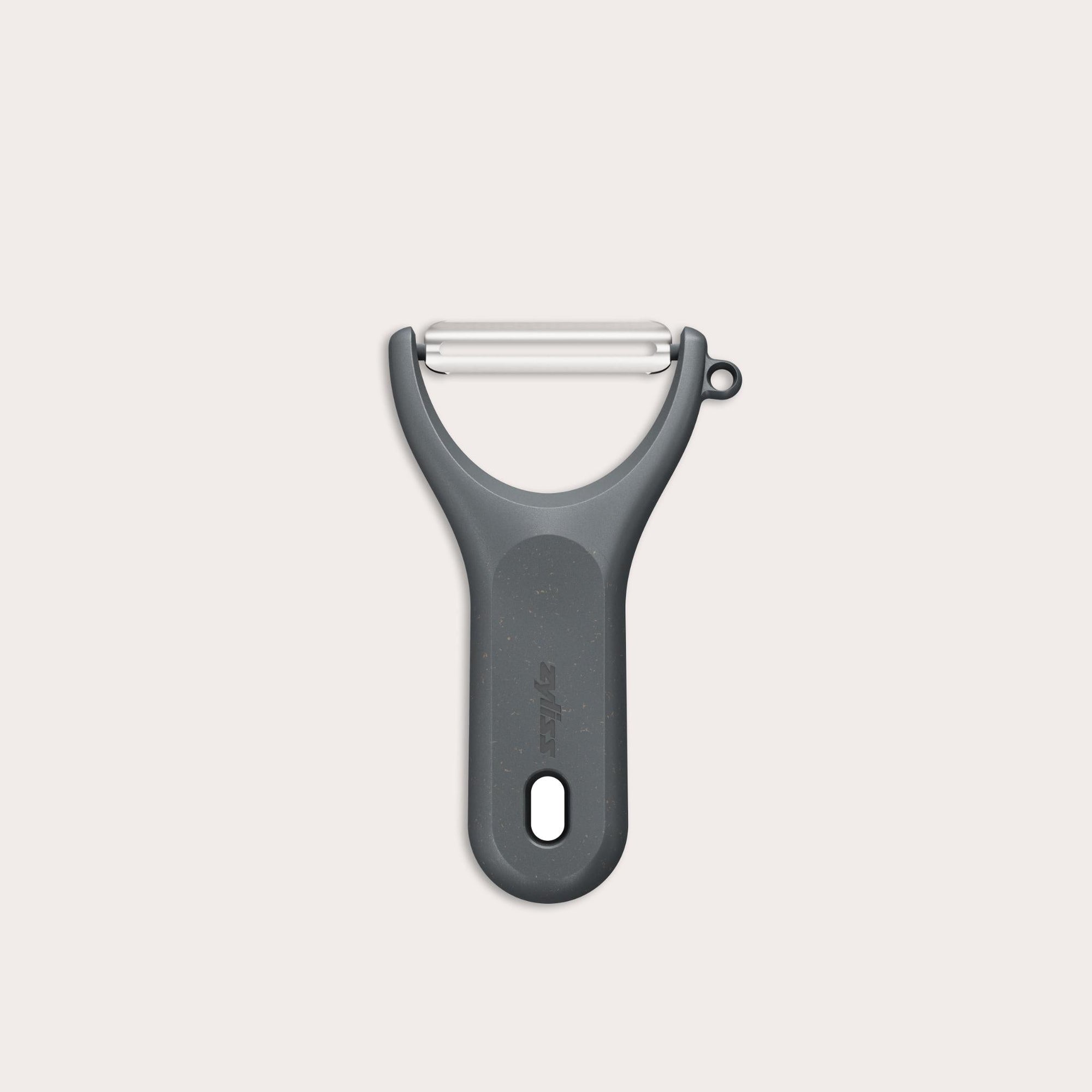 A Zyliss Y Peeler with a stainless steel swivel blade, ergonomic handle, and end hole is shown in black on a plain white background.