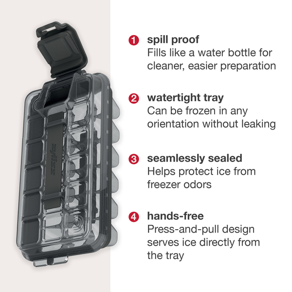 The Zyliss Press & Pull Ice Cube Tray features a transparent, leakproof design with a hinged lid, offering spill-proof, watertight storage and hands-free ice serving—highlighting convenience and seamless sealing.