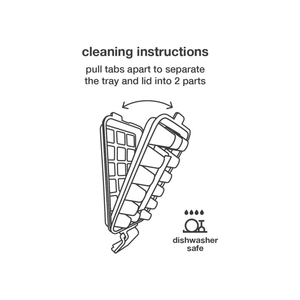 Line drawing of the Zyliss Press & Pull Ice Cube Tray being separated into two parts. Text above gives cleaning instructions and highlights its leakproof, dishwasher-safe design with a dishwasher icon.