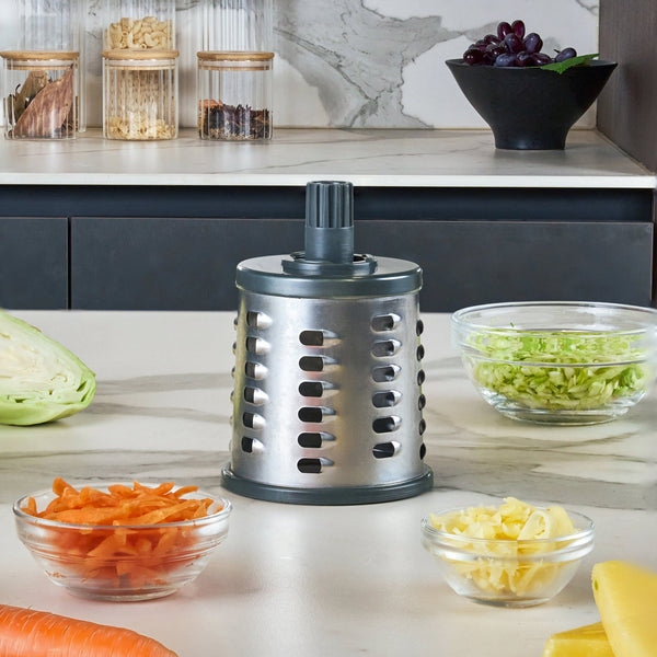 Zyliss Coarse Grating Drum Gourmet lifestyle image with prepared ingredients.