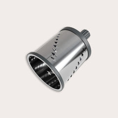 The Zyliss Julienne Drum Gourmet is a metal cylindrical tool with sharp stainless steel blades and a plastic gear attachment, shown against a plain light background. 