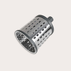 The Zyliss Universal Drum Gourmet is a stainless steel grating attachment with sharp rectangular holes, a gray plastic cap and axle, shown isolated on a light background. 