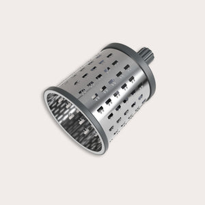 The Zyliss Universal Drum Gourmet is a stainless steel grating attachment with sharp rectangular holes, a gray plastic cap and axle, shown isolated on a light background. 